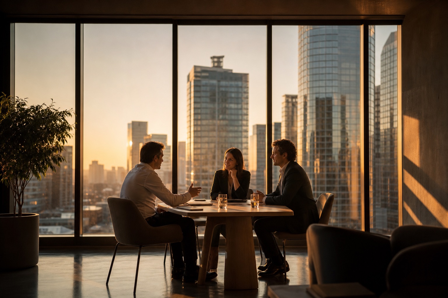 Three colleagues talking at a table in an office with floor-to-ceiling windows over a city skyline at sunset